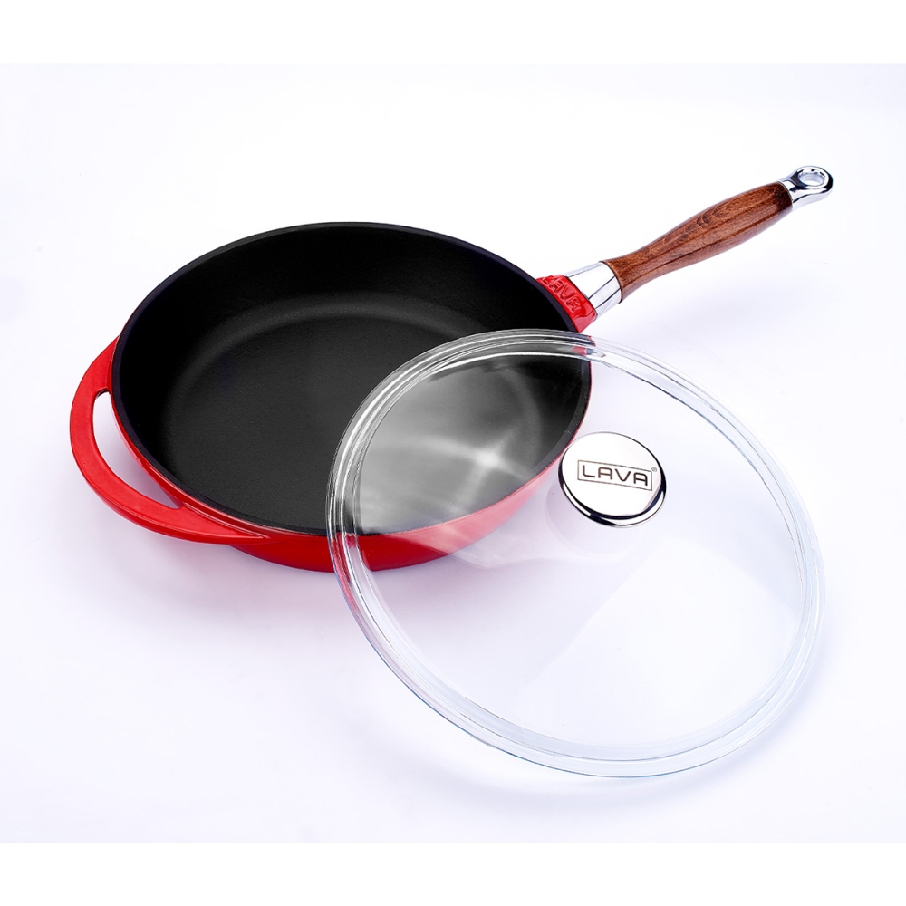 LAVA cast iron pan, Ø28, wooden handle + glass lid, red enamel
